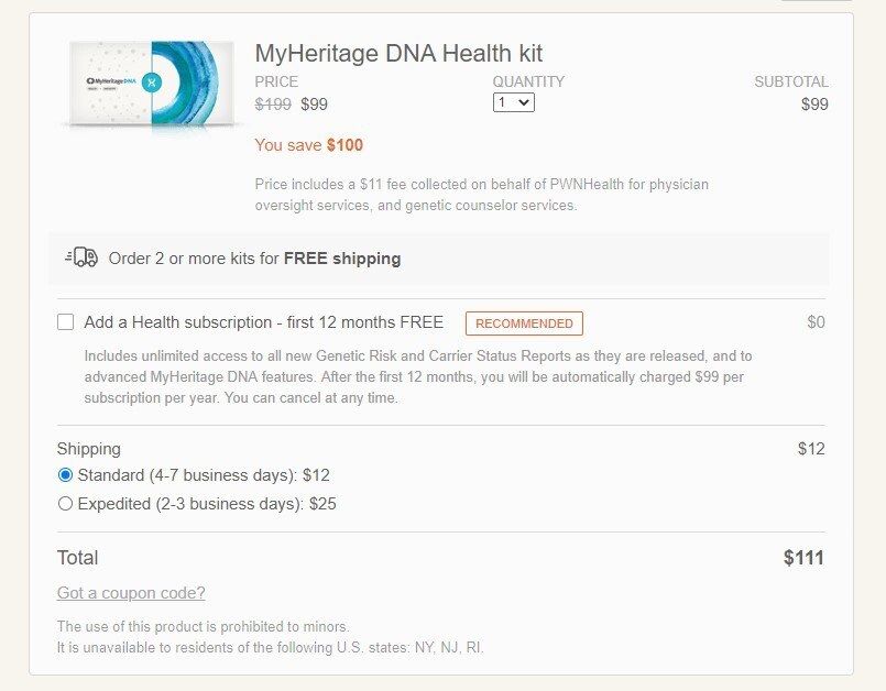 MyHeritage checkout of DNA health kit