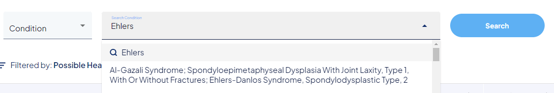 search bar with condition selected and Ehlers typed in